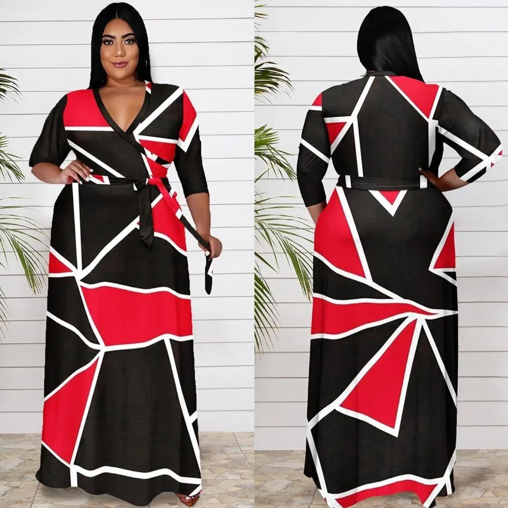 Women's Red Black Polyester Blend Floral 3/4 Sleeve With Belt Elegant Maxi - Picture 4 of 5